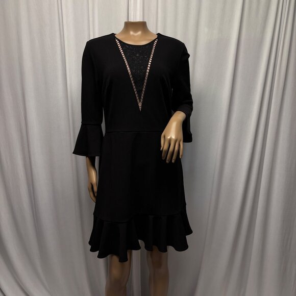 Ivanka Trump Black Bell Sleeve Ruffle Hem Dress Lace Womens Size 8 Elegant - Picture 1 of 9